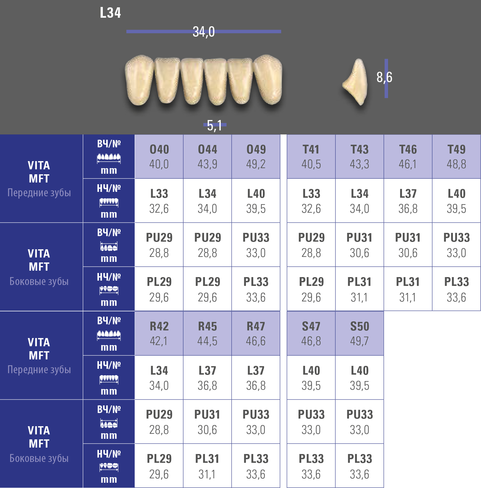 Зубы MFT нижние фронтальные (6 шт) Vita